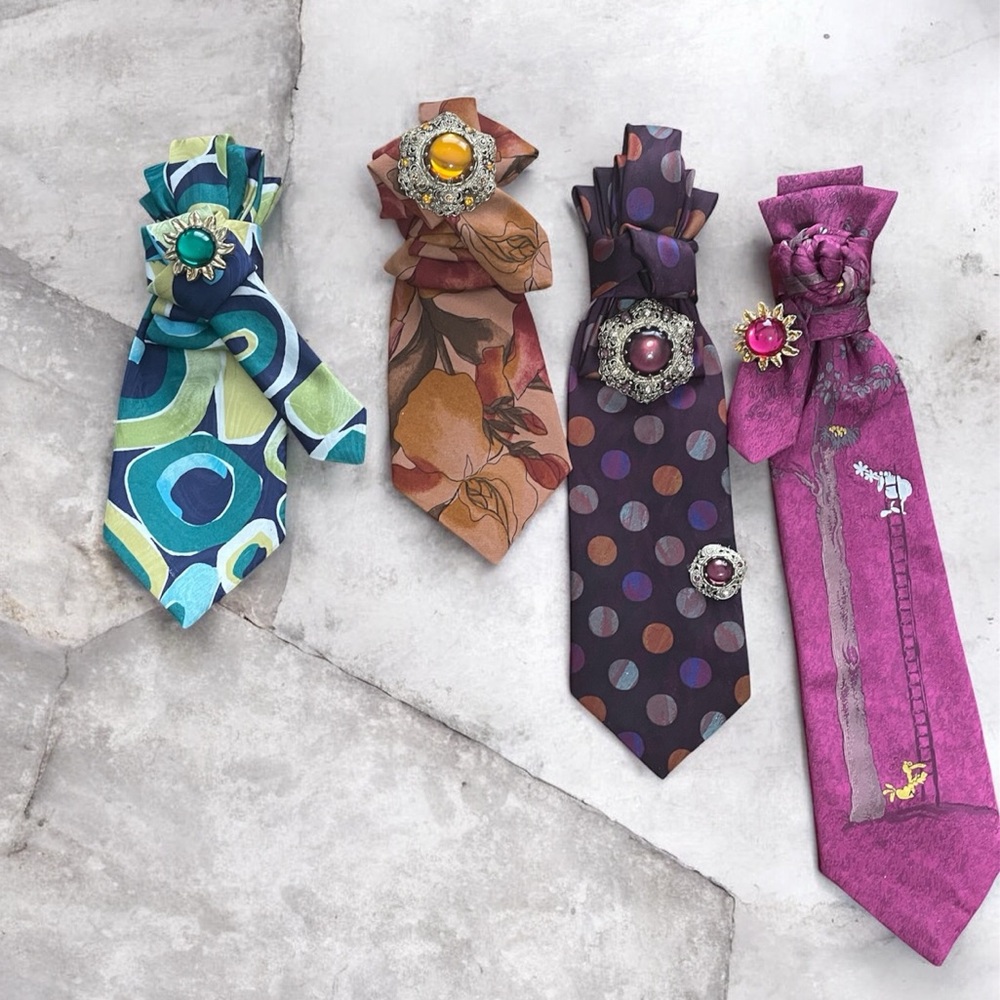 Colorful Patterned Ties with Brooches